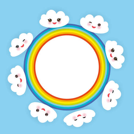 Kawaii funny white clouds set, muzzle with pink cheeks and winking eyes. rainbow round frame on light blue background. Vector illustrationのイラスト素材