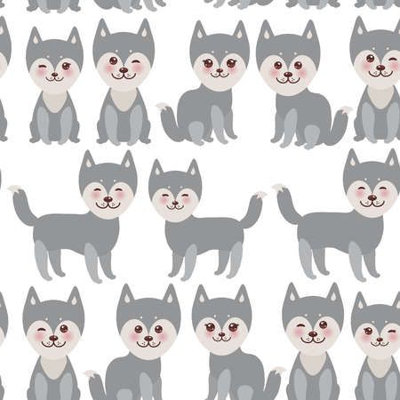 seamless pattern Kawaii funny gray husky dog, face with large eyes and pink cheeks, boy and girl isolated on white background. Vector illustrationのイラスト素材