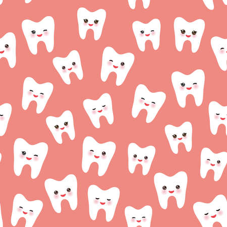 seamless pattern with cartoon white teeth with funny faces in pink background. Vector illustrationのイラスト素材