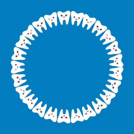 funny white teeth round frame card design, template for text, dark blue background. Vector illustrationのイラスト素材