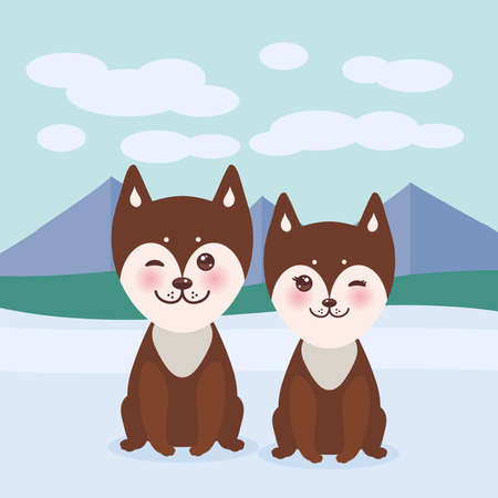 Kawaii funny brown husky dog, face with large eyes and pink cheeks, boy and girl, mountain landscape background. Vector illustrationのイラスト素材