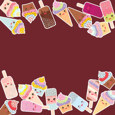 Card design for your text. cupcakes with cream, ice cream in waffle cones, ice lolly  Kawaii with pink cheeks and winking eyes, pastel colors on dark brown background. Vector illustrationのイラスト素材