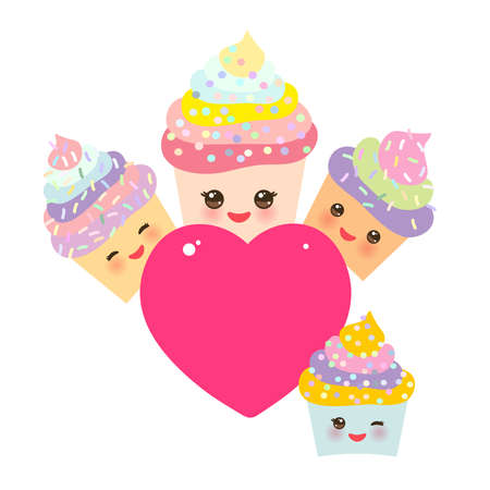 Card design with Cupcake Kawaii funny muzzle with pink cheeks, winking eyes and pink heart for your text, pastel colors on white background. Vector illustrationのイラスト素材