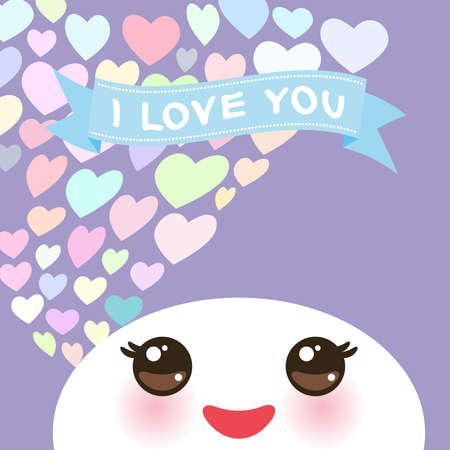 i love you Kawaii funny white muzzle with pink cheeks and eyes on light lilac background and pastel color hearts. Vector illustrationのイラスト素材