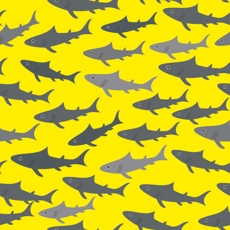Seamless pattern with gray sharks  on bright yellow background. Vector illustrationのイラスト素材