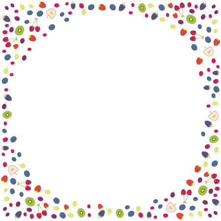 Cherry Strawberry Raspberry Blackberry Blueberry Cranberry Cowberry Grape isolated on white background. Round frame for your text. card design. Vector illustrationのイラスト素材