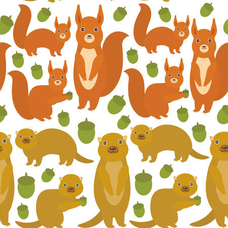 Seamless pattern Set of funny red squirrels with Gopher ground squirrel fluffy tail with acorn isolated on white background. Vector illustrationのイラスト素材