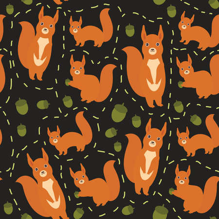 Seamless pattern Set of funny red squirrels with fluffy tail with acorn on black background. Vector illustrationのイラスト素材