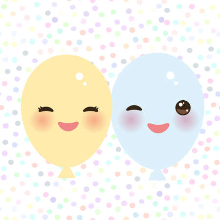 Funny balloons yellow blue with pink cheeks and eyes on white polka dot background. Vector illustrationのイラスト素材