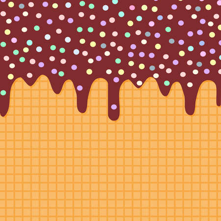 Waffles with flowing chocolate sauce and sprinkles background for your text. Sweet texture. Vector illustrationのイラスト素材