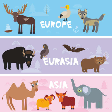 Cute Animals Set Parrot Bison Brown Bear Camel Sheep Cow Elephant