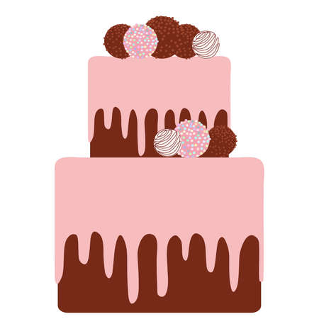  Birthday, valentine's day, wedding, engagement. Sweet cake, strawberry pink cream chocolate icing sprinkles, cake pops, pastel colors on white background. Vector illustrationのイラスト素材