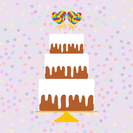 I love you Card design - Birthday, valentine's day, wedding, engagement. Sweet cake, white cream chocolate cake lollipop heart, pastel colors on lilac polka dot background. Vector illustrationのイラスト素材