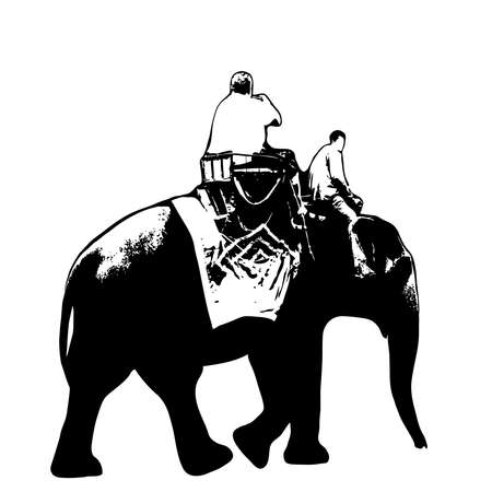 Elephant trekking traveler ride elephant, elephant driver, black silhouette on white background. Vector illustrationのイラスト素材