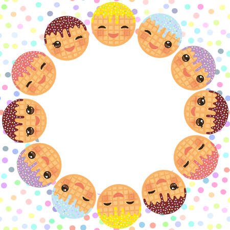 Card design with Kawaii Belgium waffles with pink cheeks and winking eyes, and sprinkls,  pastel colors polka dot background round frame for text. Vector illustrationのイラスト素材