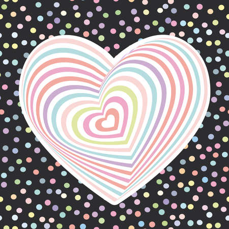 multi-colored rainbow heart on black background. Optical illusion of 3D three-dimensional volume....