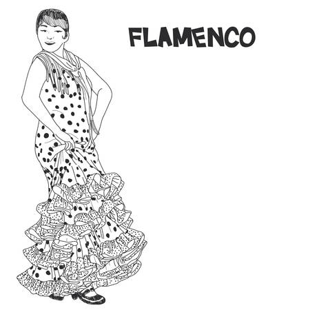 Flamenco fiesta banner for your text. Woman in long polka-dot dress stay in dancing pose. flamenco dancer, spanish. sketch Isolated on white. Vector illustrationのイラスト素材