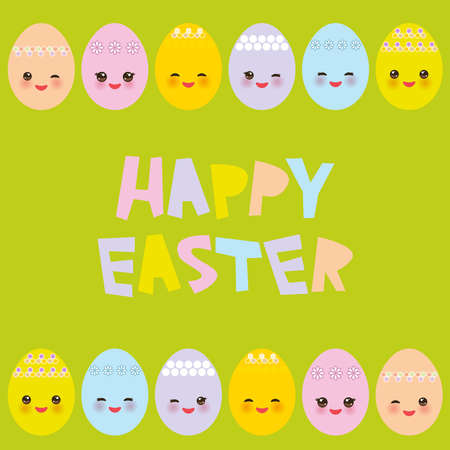 Happy Easter greeting card design. Kawaii colorful blue green orange pink yellow egg with pink cheeks and winking eyes, pastel colors on green background. Vector illustrationのイラスト素材