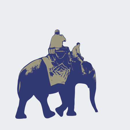 Elephant trekking traveler ride elephant, elephant driver, blue brown silhouette on white background. Vector illustrationのイラスト素材