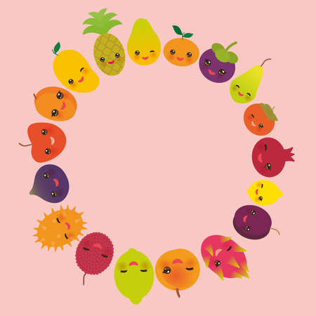round frame cute funny kawaii fruit Pear Mangosteen tangerine pineapple papaya persimmon pomegranate lime apricot plum dragon fruit figs mango peach lemon lychee apple kiwano pink background. Vector illustrationのイラスト素材