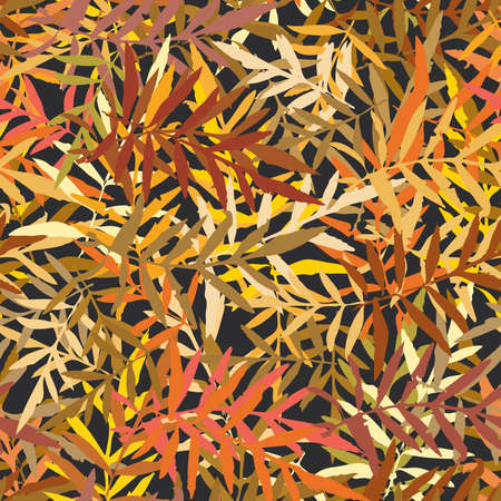 Seamless pattern with leafs tropical fern palm for fashion textile or web background. Gold yellow mustard orange brown silhouette on Black background. Vector illustrationのイラスト素材