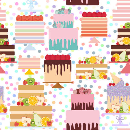 Seamless pattern Birthday, valentine's day, wedding, engagement. Set sweet cake, Cake Stand, fresh fruits berries, chocolate icing sprinkles, cake pops, pastel colors on white background. Vector illustrationのイラスト素材