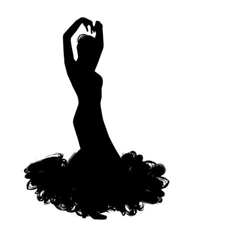 Woman in long dress stay in dancing pose. flamenco dancer, spanish. black silhouette Isolated on white background brush outline sketch. Vector illustrationのイラスト素材