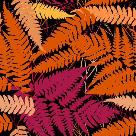 Seamless pattern with leafs tropical fern palm for fashion textile or web background. orange pink brown silhouette on Black background. Vector illustrationのイラスト素材