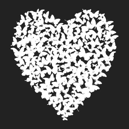 Heart - summer banner, card design, white butterfly on black background. Vector illustrationのイラスト素材
