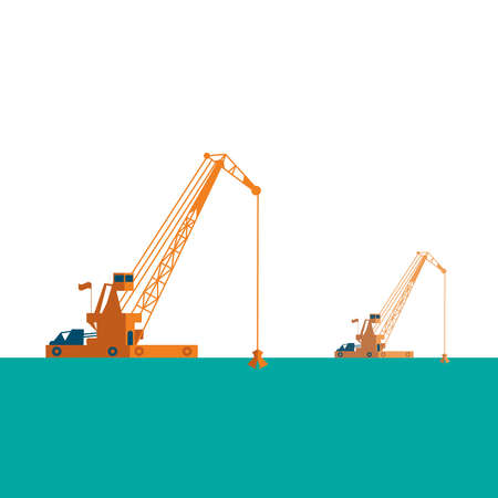 Huge crane barge Industrial ship that digs sand marine dredging digging sea bottom. light sea green, pastel colors on white background. Vector illustrationのイラスト素材