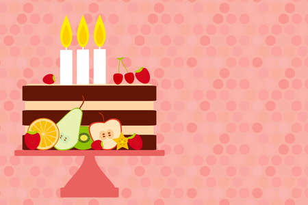 Birthday Card design Sweet cake decorated with candle fresh fruits and berries, pastel colors on...