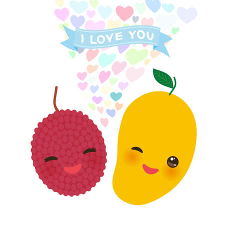 I love you Card design with Kawaii lychee and mango with pink cheeks and winking eyes, pastel colors on white background. Vector illustrationのイラスト素材