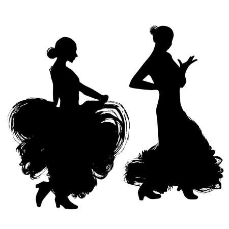 Woman in long dress stay in dancing pose. flamenco dancer, spanish. black silhouette Isolated on white background brush outline sketch. Vector illustrationのイラスト素材