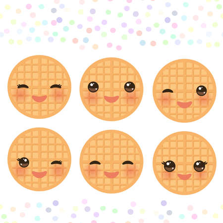 Kawaii Belgium round waffles set with pink cheeks and winking eyes, pastel colors on white background. Vector illustrationのイラスト素材