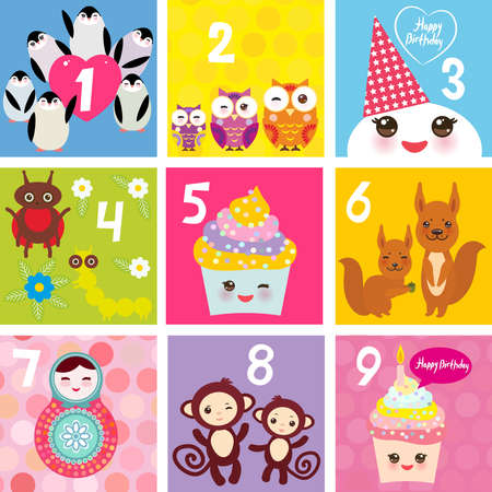 Happy Birthday Card design with Cupcake squirrel ladybug monkey matryoshka owl penguin, pastel colors. Vector illustrationのイラスト素材