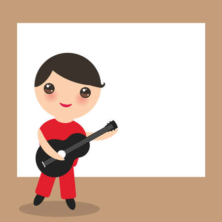 Spanish flamenco guitar player card design, banner template.  cute face with pink cheeks boy, red black white brown background. Vector illustrationのイラスト素材