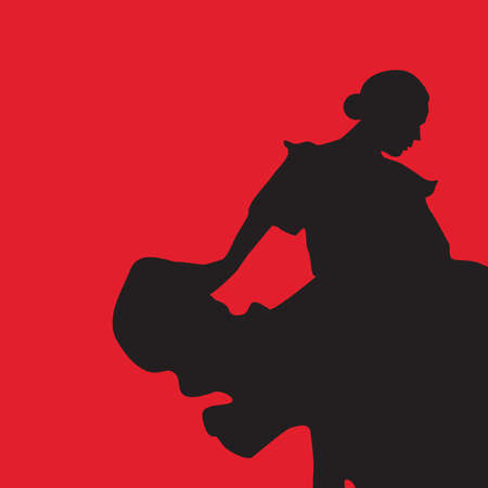 Woman in long dress stay in dancing pose. flamenco dancer, spanish. black silhouette Isolated on red background. Vector illustrationのイラスト素材