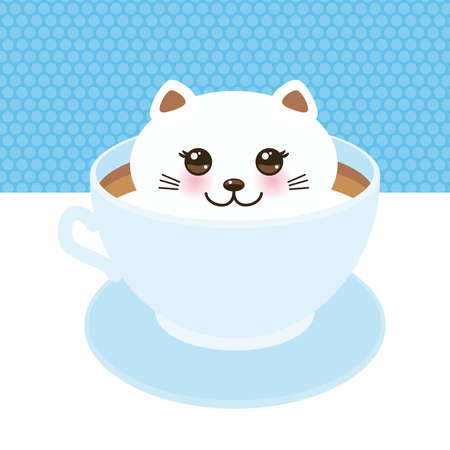 Cute Kawai cat in blue cup of froth art coffee, coffee art isolated on white background.のイラスト素材