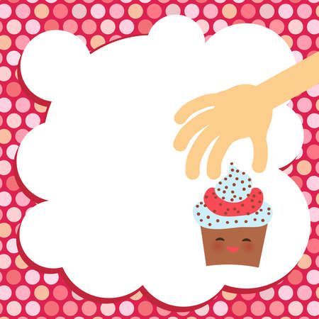 Banner template for your text, Card design with Cupcake Kawaii funny muzzle with pink cheeks and winking eyes, pastel colors on white, pink polka dot background. Vector illustrationのイラスト素材