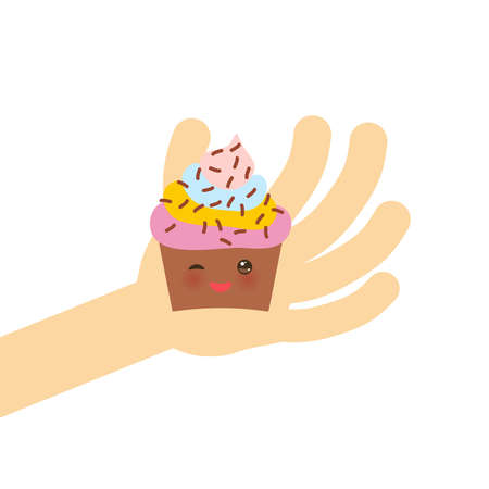 Banner template for your text, Card design with Cupcake Kawaii funny muzzle with pink cheeks and winking eyes, pastel colors on white background. Vector illustrationのイラスト素材