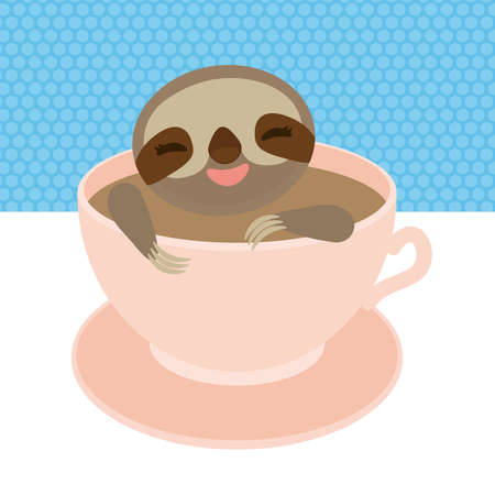 Sloth in a Pink cup coffee, tea, Three-toed sloth isolated on white background. Vector illustrationのイラスト素材