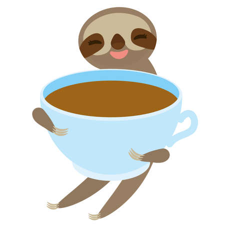 Sloth and blue cup coffee, tea, Three-toed sloth isolated on white background. Vector illustrationのイラスト素材