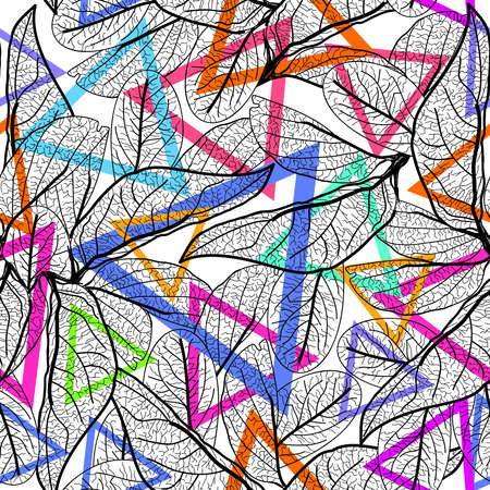 Leaves black contours, Rainbow magenta pink orange blue lilac purple green triangles modern trendy. floral seamless pattern, hand-drawn. Geometric abstract background for site, blog, fabric. Vector illustrationのイラスト素材