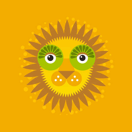 funny face big cat, lion with mane on Orange background. Vector illustrationのイラスト素材