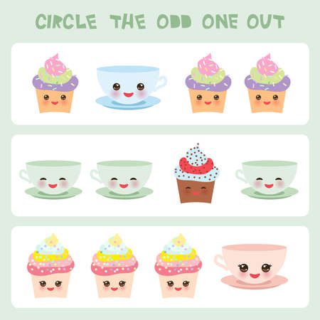 Visual logic puzzle Circle the odd one out. Kawaii colorful cupcake coffee cup with pink cheeks and winking eyes, pastel colors on white background. Vector illustrationのイラスト素材