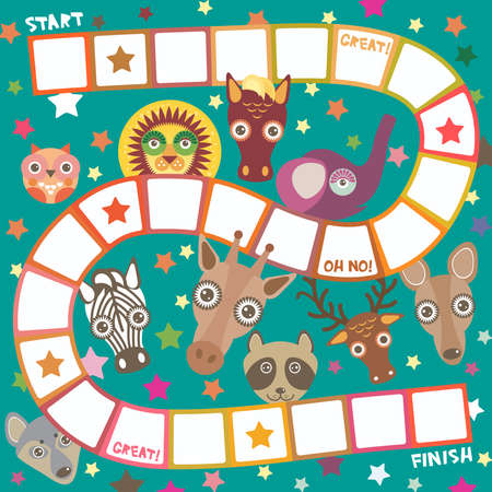 Funny cartoon animals game for Preschool Children, elephant deer horse, giraffe owl raccoon, wolf zebra lion, white orange squares on green background. Vector illustrationのイラスト素材