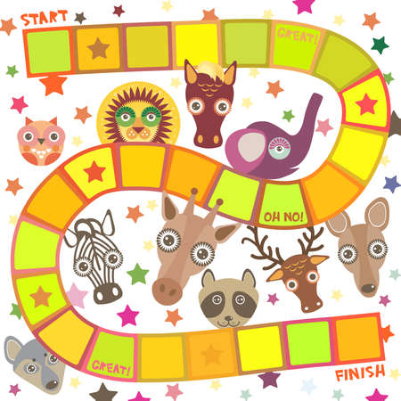 Funny cartoon animals game for Preschool Children, elephant deer horse, giraffe owl raccoon, wolf zebra lion, white orange yellow squares on white background. Vector illustrationのイラスト素材