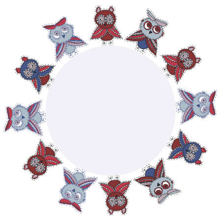 Round frame Cute characters Cartoon owls and owlets birds sketch doodle dark blue red burgundy isolated on white background. Vector illustrationのイラスト素材