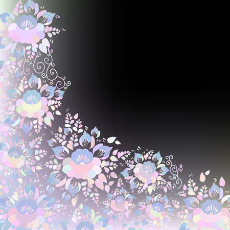 Vintage shabby Chic Wedding card design, banner template, spring romantic decoration, pastel, Pink blue lilak and white flowers and leaves on black background. Vector illustrationのイラスト素材