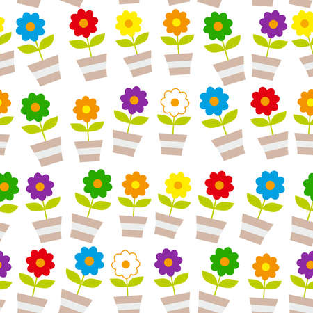 Seamless pattern Cute spring colorful flowers in pots, Isolated on white background. Vector のイラスト素材